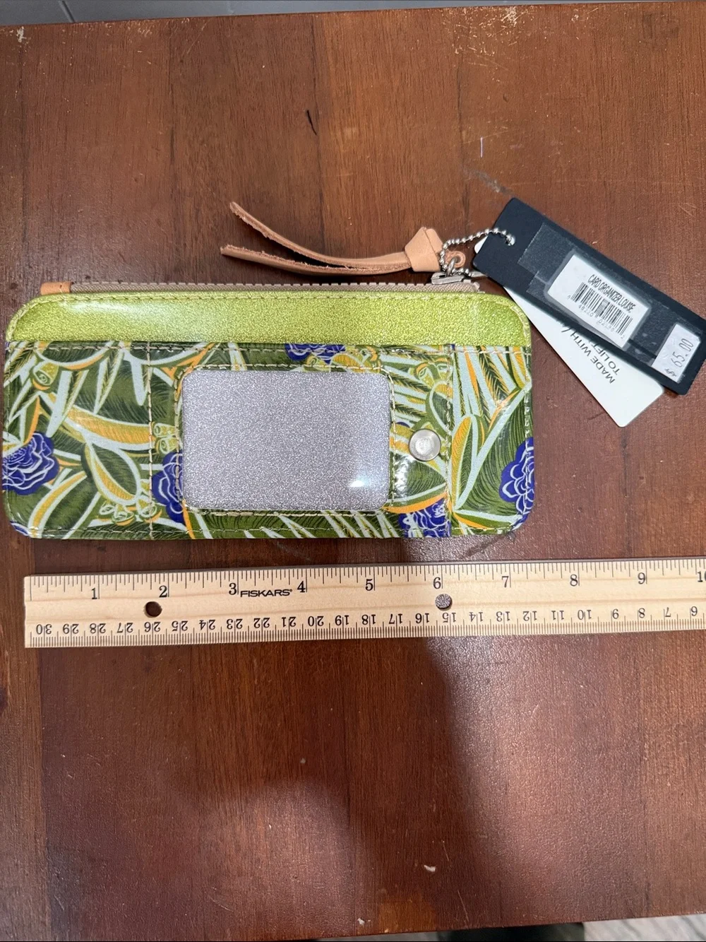 Consuela Green Floral Card Wallet with Blue Accents and Tan Strap